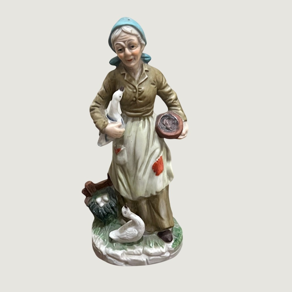 Vintage Porcelain Goose Lady Figurine Cottagecore Farmhouse Decor Rustic Peasant